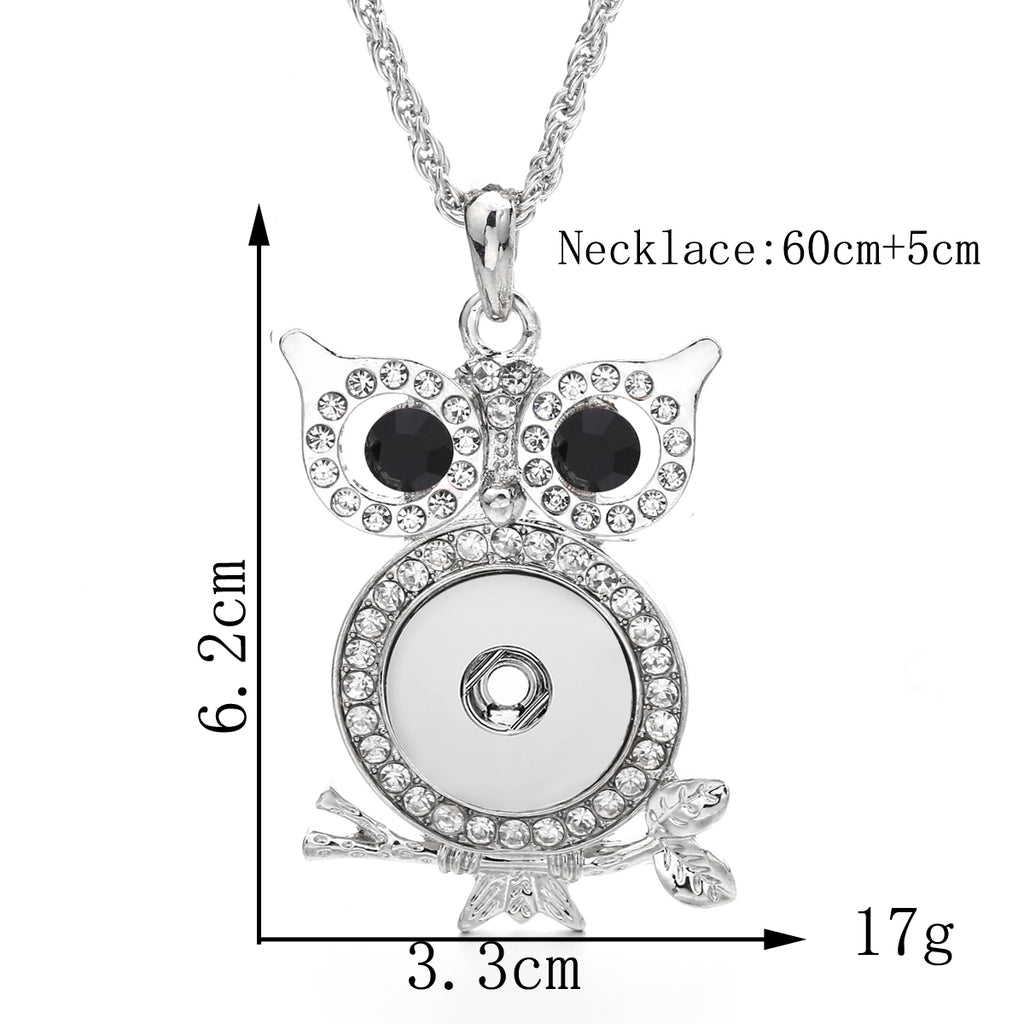 18mm Mystical Owl Snap Charm Necklace | Rhinestone Animal Jewelry
