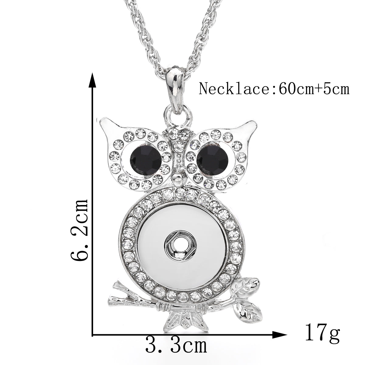 18mm Mystical Owl Snap Charm Necklace | Rhinestone Animal Jewelry