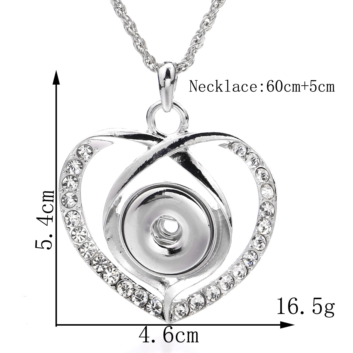 18mm Crystal Heart Snap Charm Necklace | Rhinestone Interchangeable Pendant