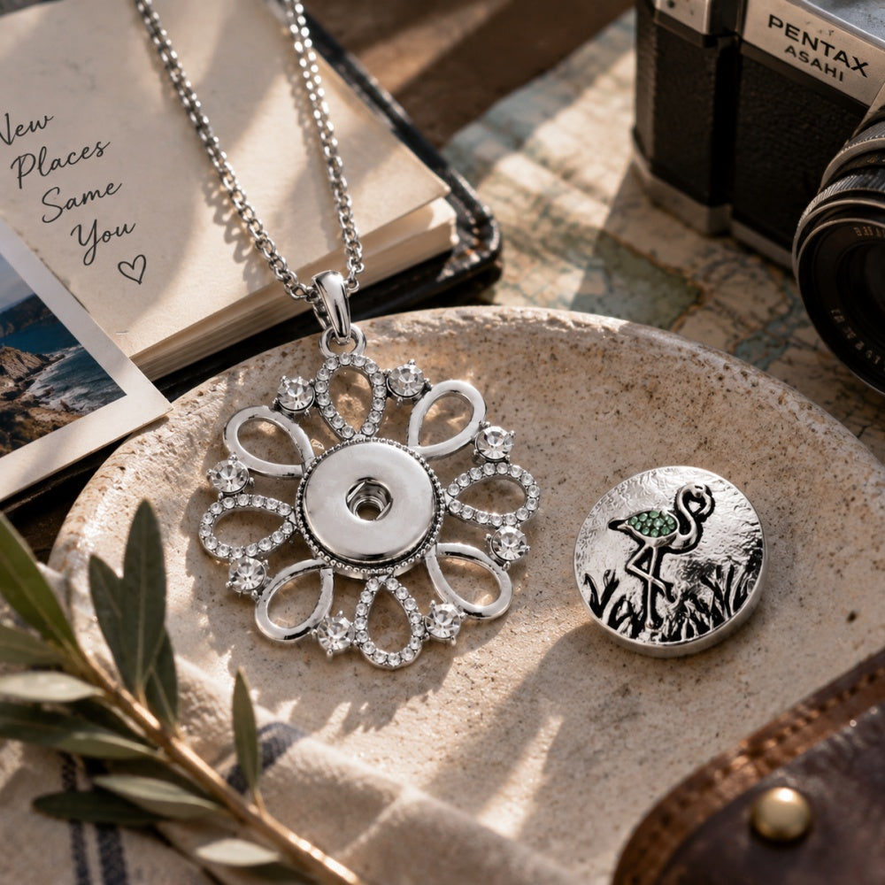18mm Sparkling Floral Halo Snap Charm Necklace | Crystal Pendant