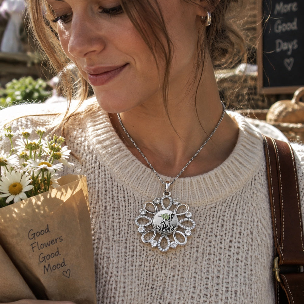 18mm Sparkling Floral Halo Snap Charm Necklace | Crystal Pendant