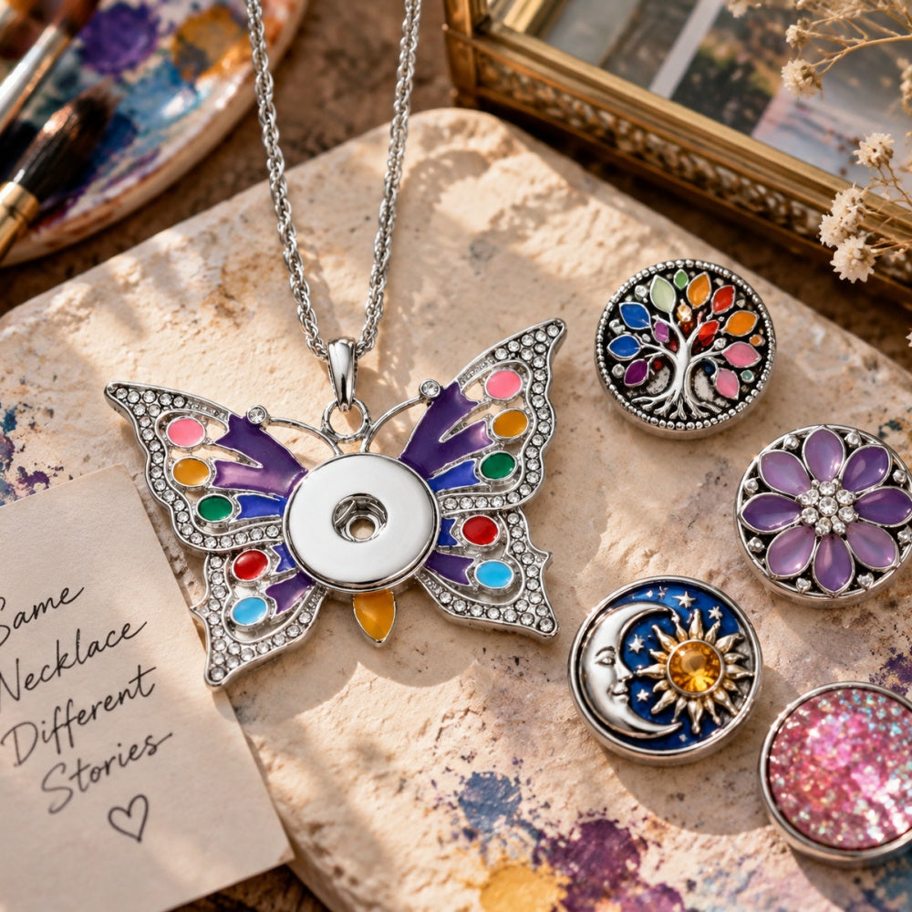 18mm Enchanted Butterfly Snap Charm Necklace | Colorful Rhinestone Pendant