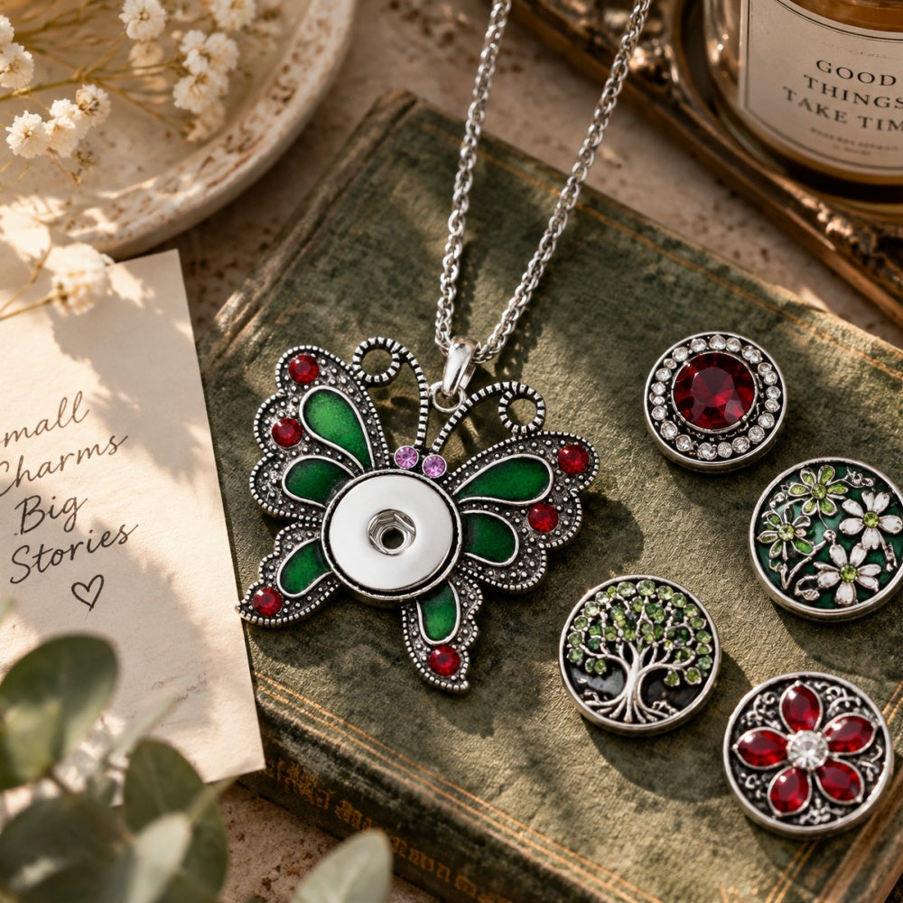 18mm Mystic Butterfly Snap Charm Necklace | Enamel Wing Pendant