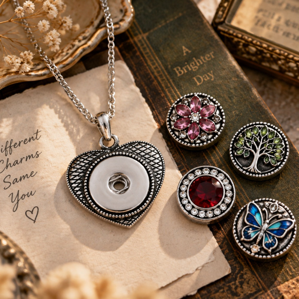 18mm Antique Style Heart Snap Charm Necklace | Romantic Charm Pendant