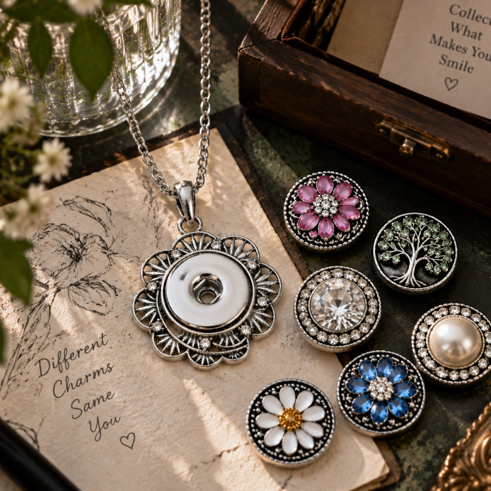 18mm Vintage Floral Snap Charm Necklace | Decorative Flower Pendant