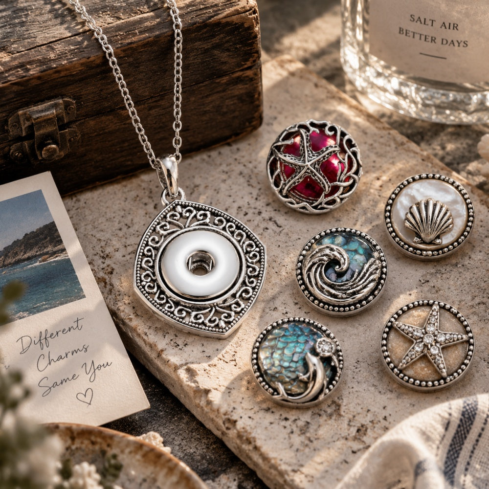 18mm Vintage Diamond Snap Charm Necklace | Ornate Frame Pendant