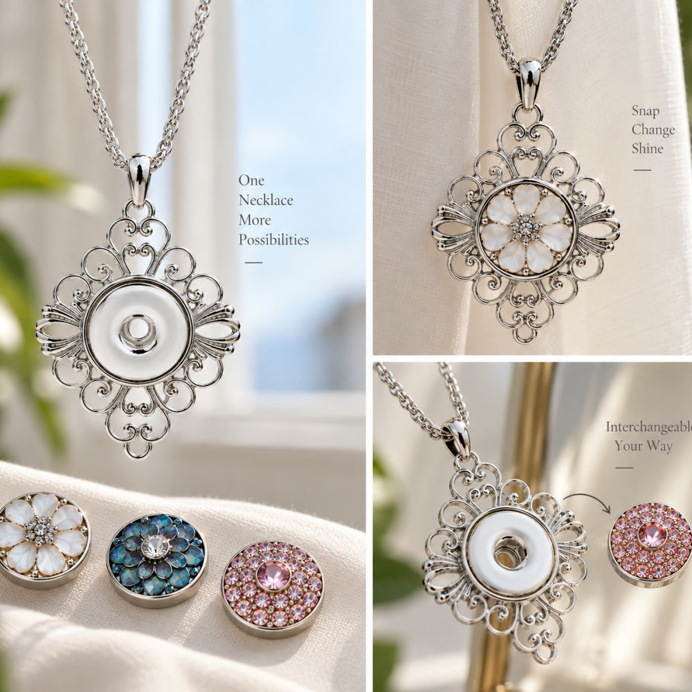 18mm Ornate Filigree Snap Charm Necklace | Vintage Statement Pendant