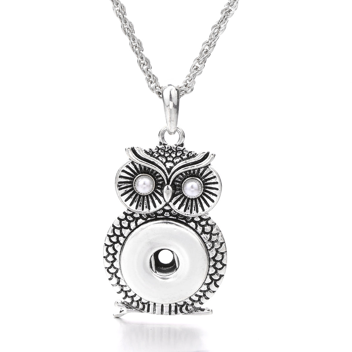 18mm Vintage Silver Owl Pearl Interchangeable Snap Necklace