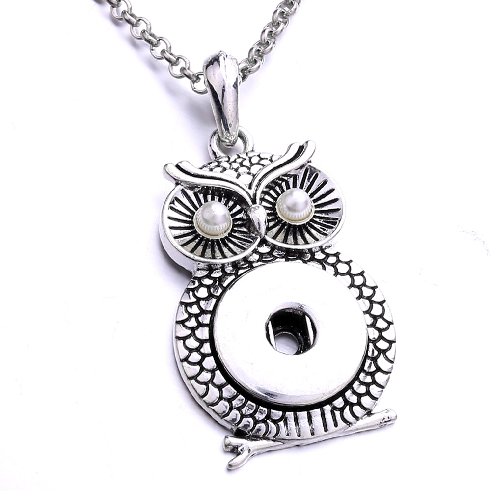 18mm Vintage Silver Owl Pearl Interchangeable Snap Necklace
