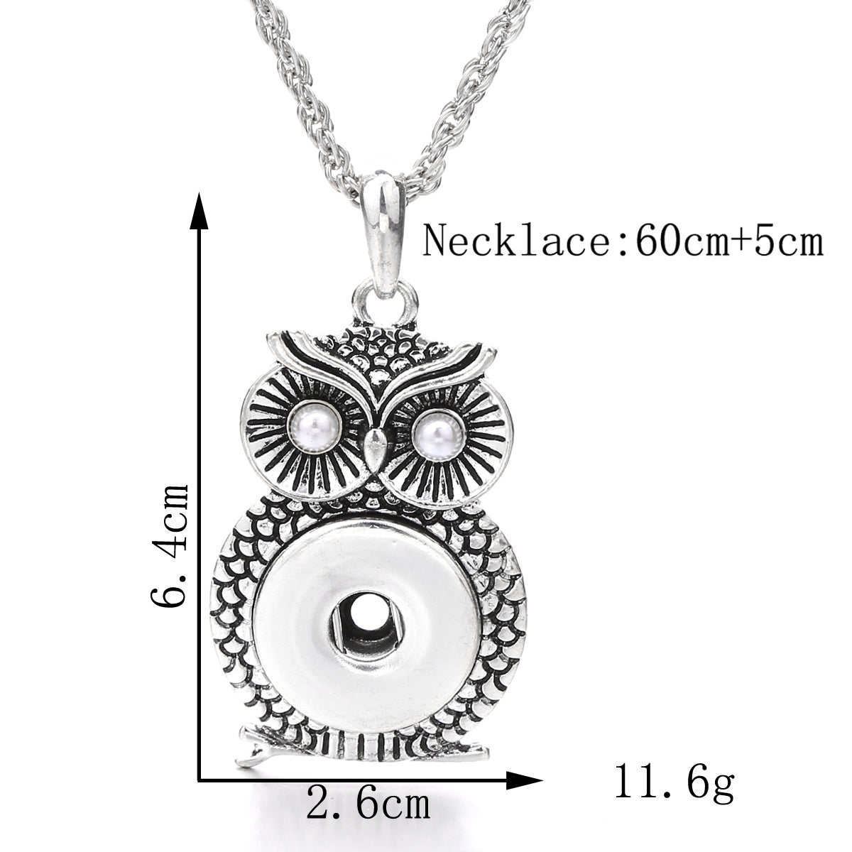 18mm Vintage Silver Owl Pearl Interchangeable Snap Necklace