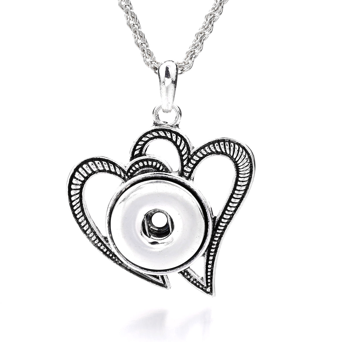 18mm Vintage Silver Double Heart Interchangeable Snap Necklace