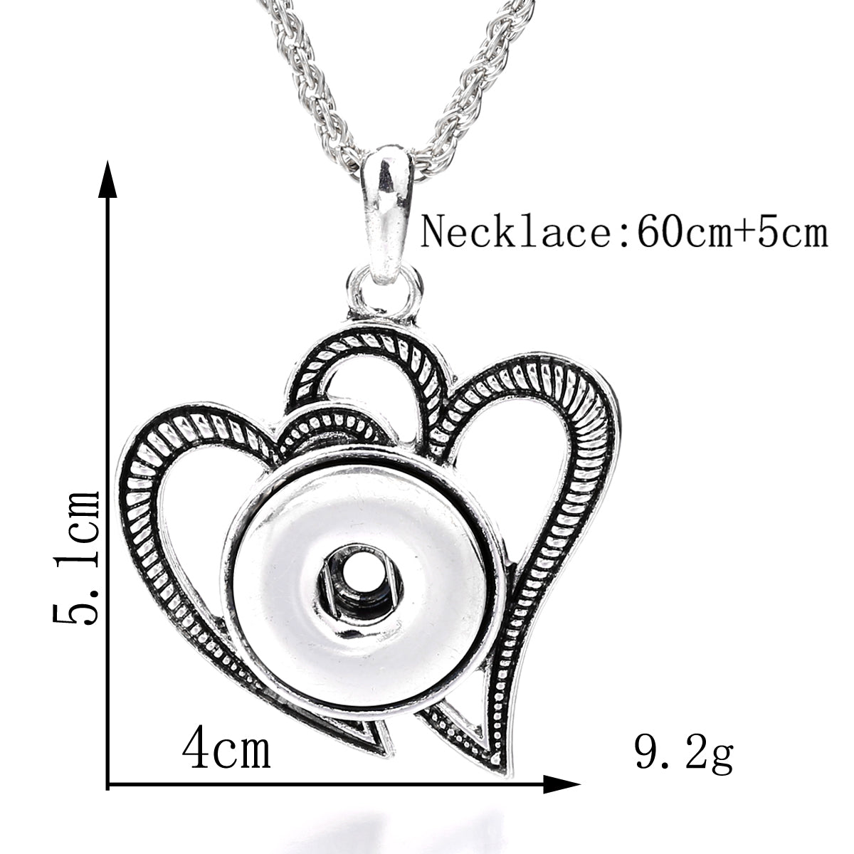18mm Vintage Silver Double Heart Interchangeable Snap Necklace