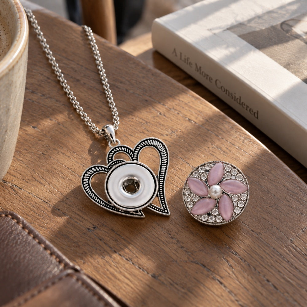 18mm Vintage Silver Double Heart Interchangeable Snap Necklace