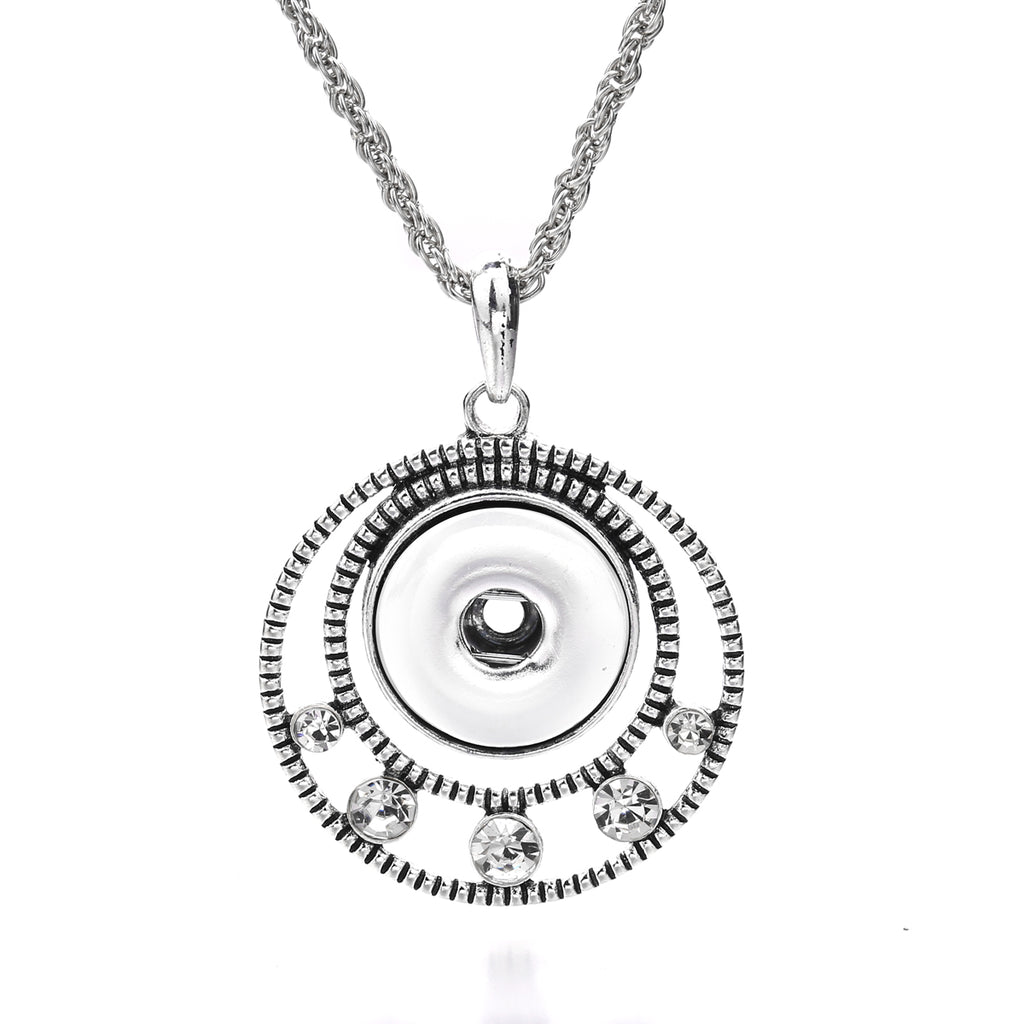 18mm Vintage Silver Double Circle Rhinestone Interchangeable Snap Necklace