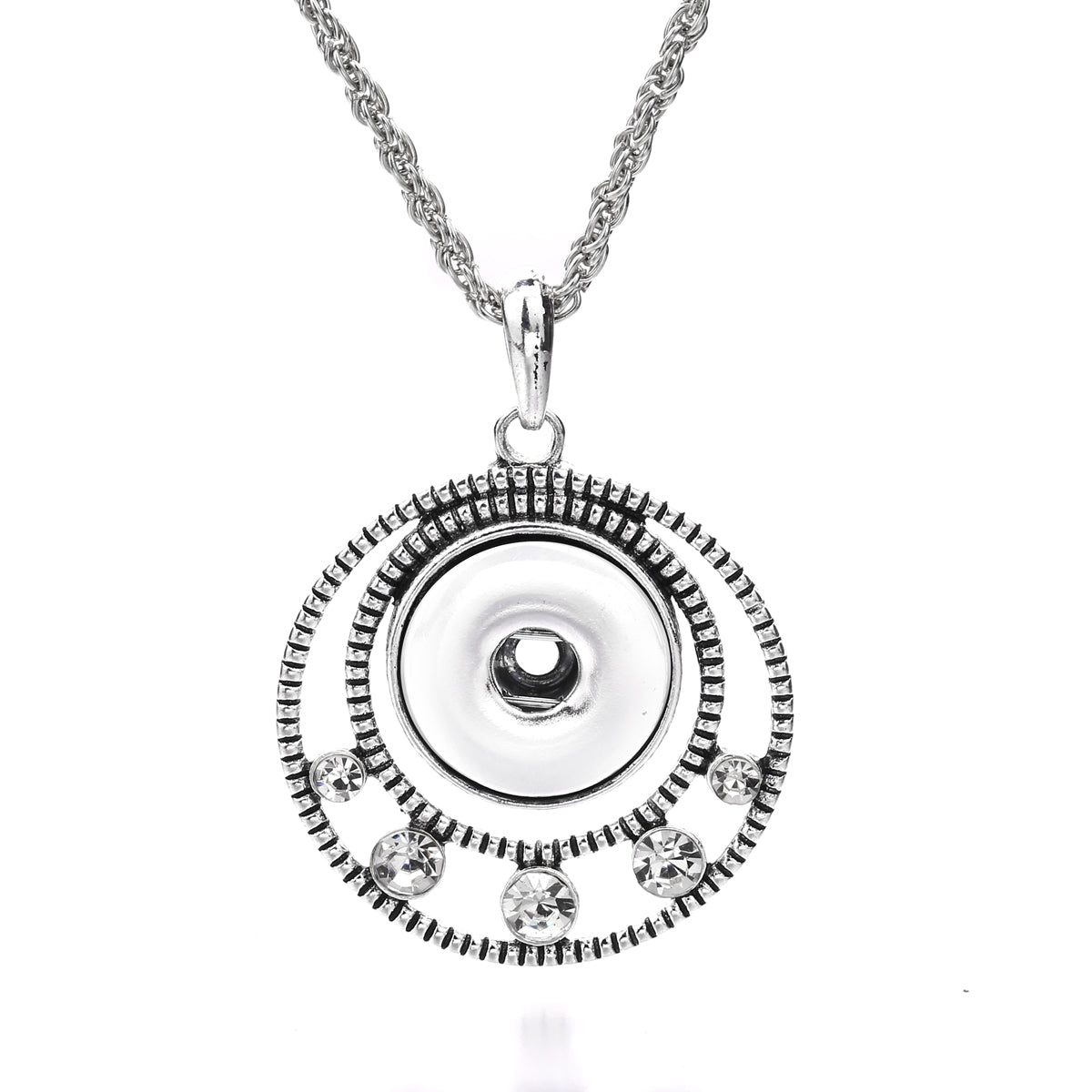 18mm Vintage Silver Double Circle Rhinestone Interchangeable Snap Necklace