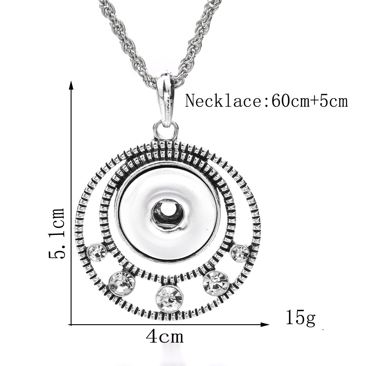 18mm Vintage Silver Double Circle Rhinestone Interchangeable Snap Necklace