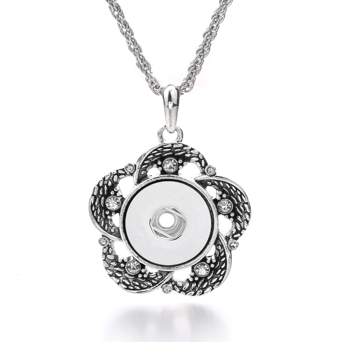 18mm Vintage Silver Hollow Flower Rhinestone Interchangeable Snap Necklace