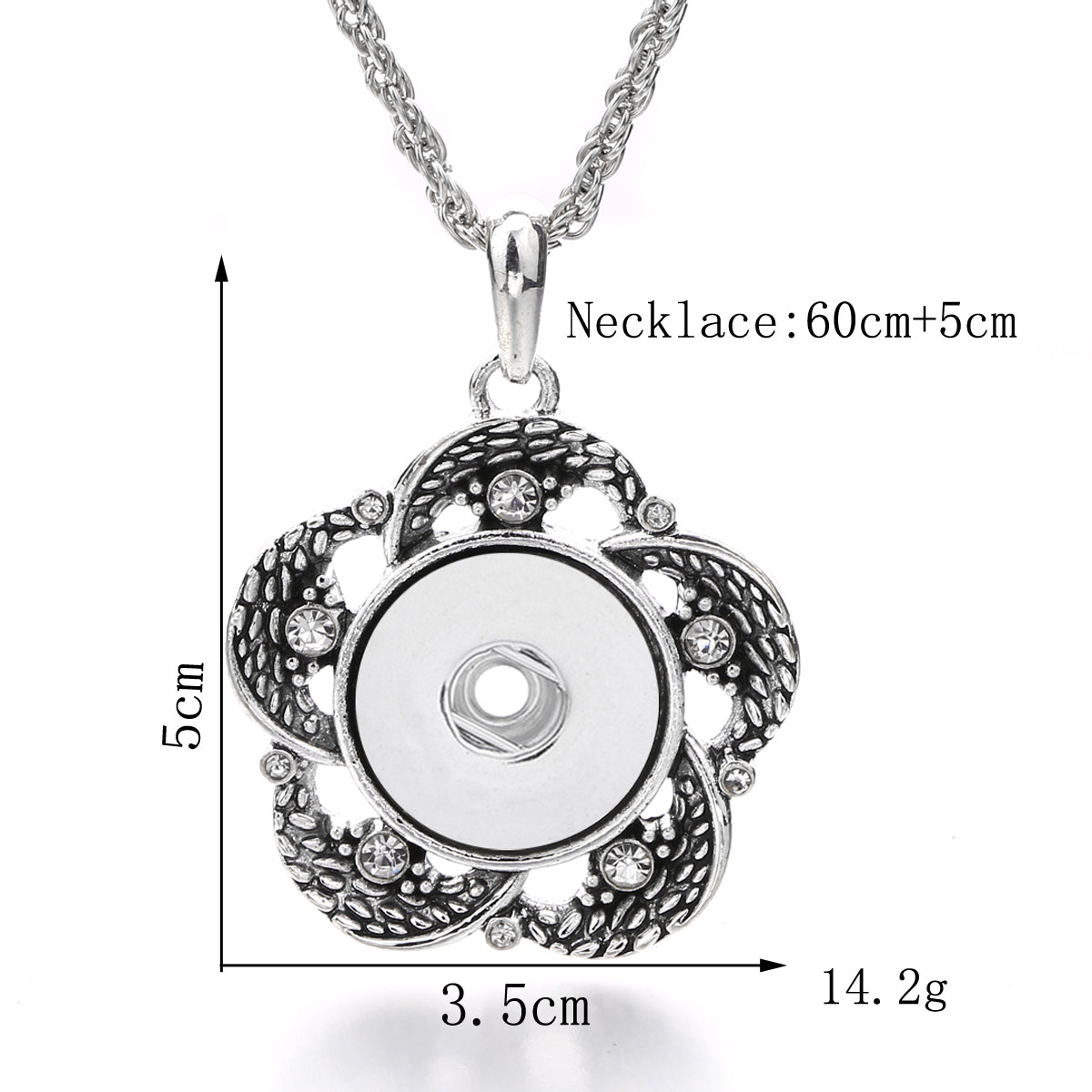 18mm Vintage Silver Hollow Flower Rhinestone Interchangeable Snap Necklace