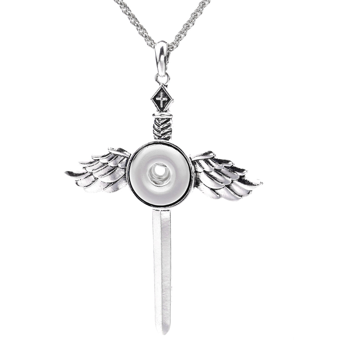 18mm Vintage Silver Winged Cross Sword Interchangeable Snap Necklace