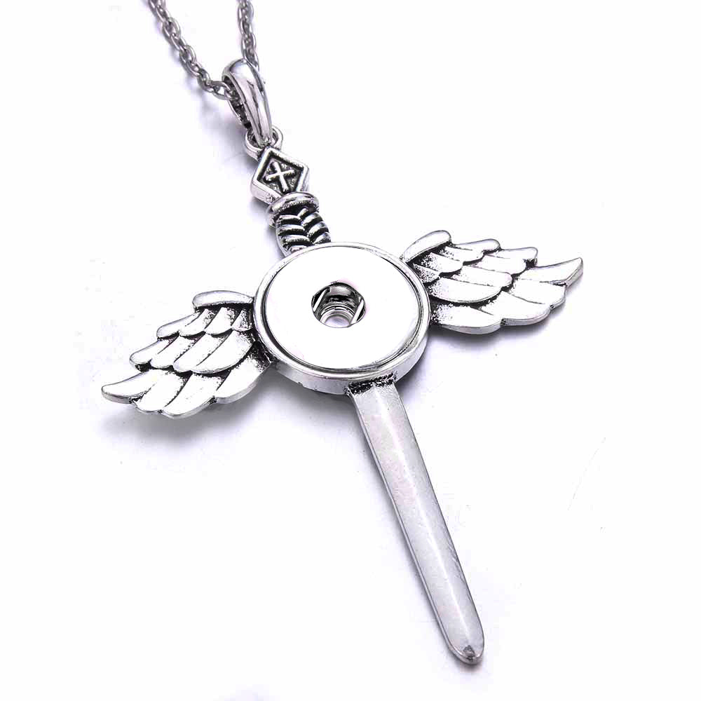 18mm Vintage Silver Winged Cross Sword Interchangeable Snap Necklace