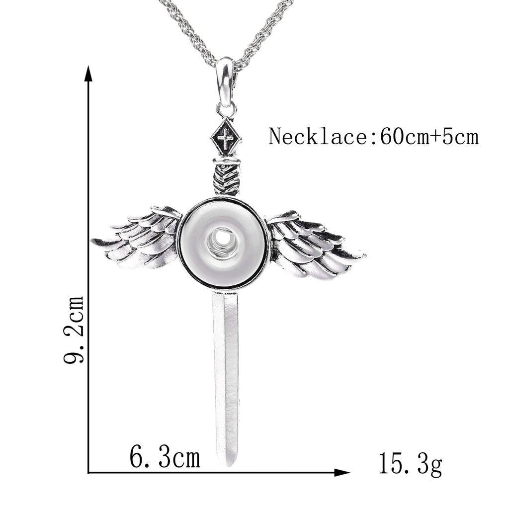 18mm Vintage Silver Winged Cross Sword Interchangeable Snap Necklace