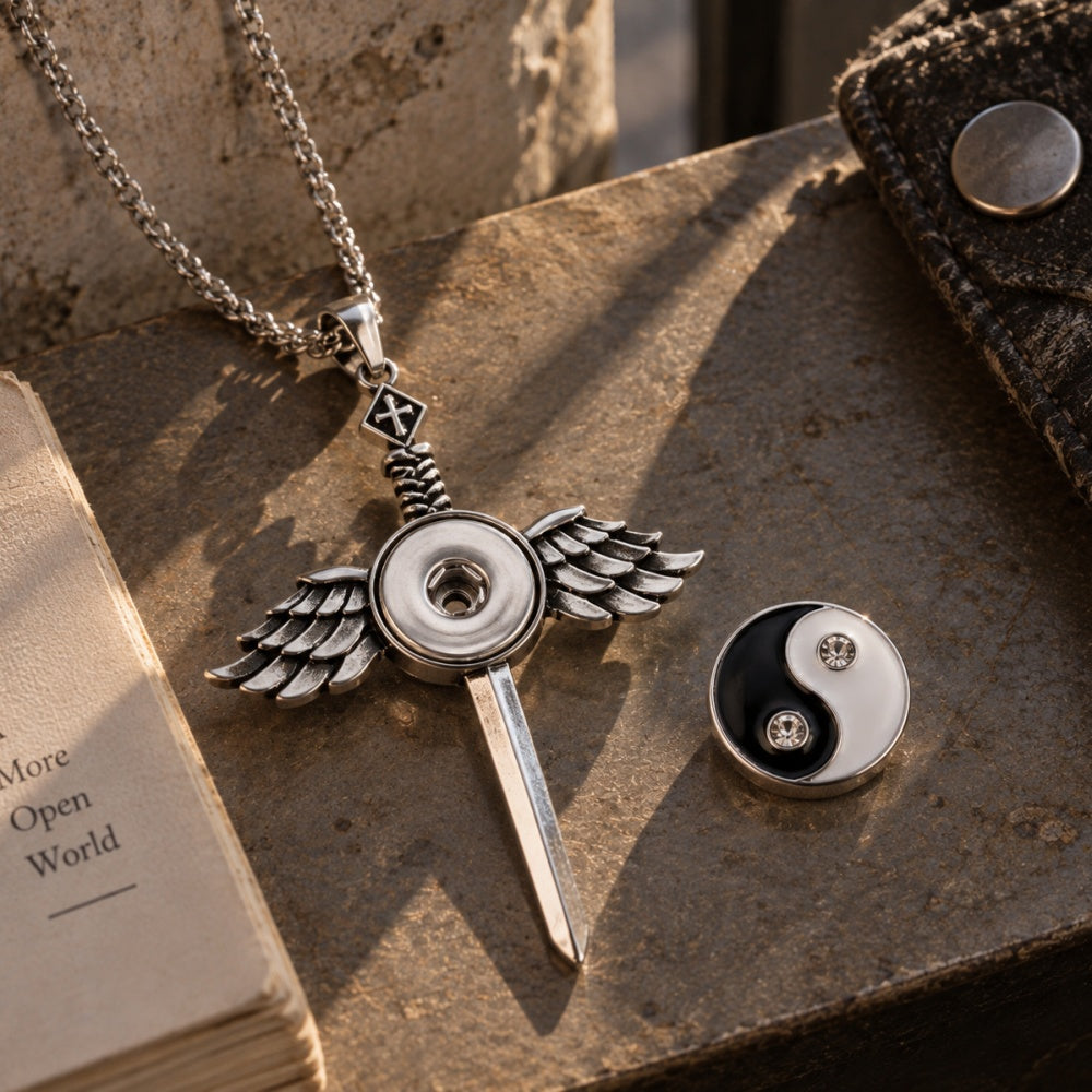 18mm Vintage Silver Winged Cross Sword Interchangeable Snap Necklace