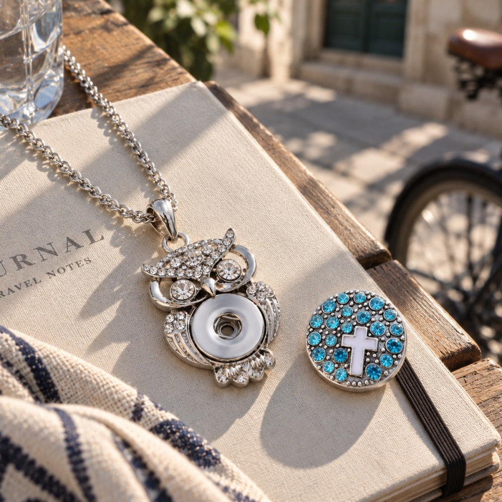 18mm Rhinestone Owl Interchangeable Snap Charm Necklace
