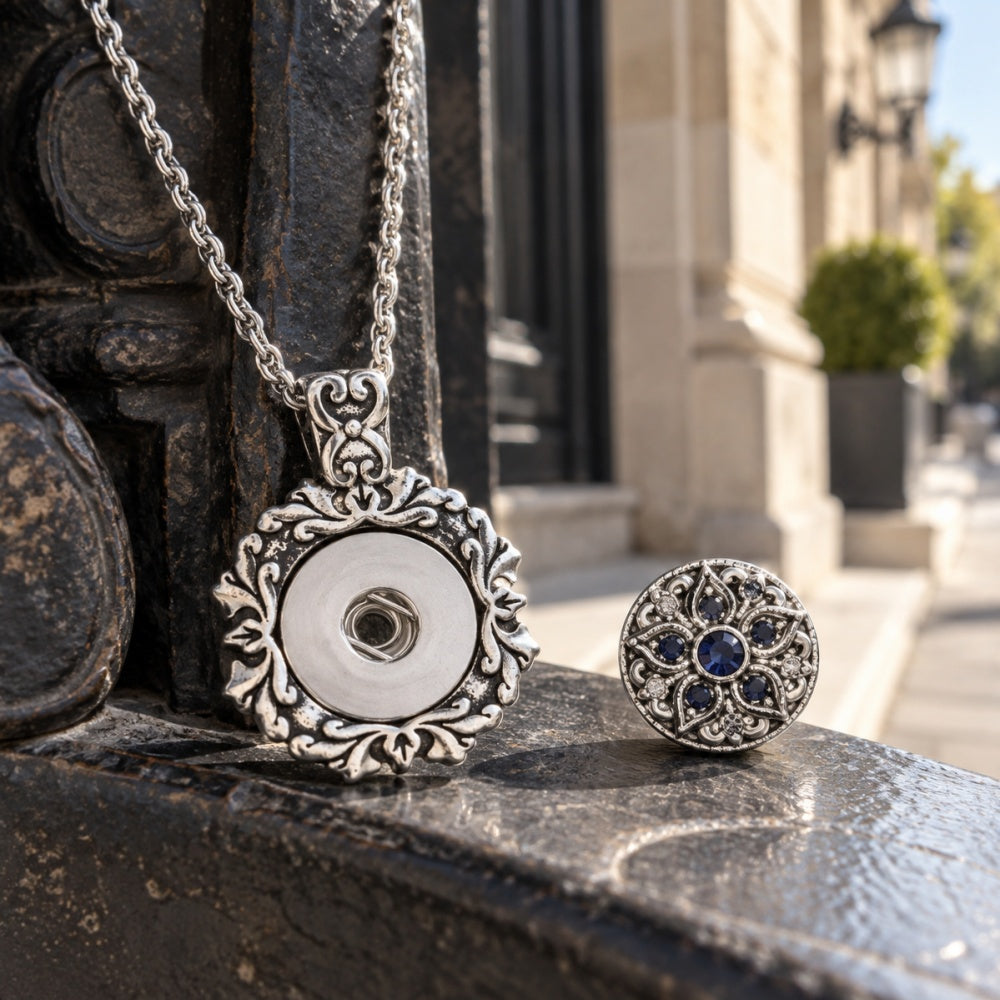 18mm Vintage Floral Scrollwork Snap Charm Necklace | Interchangeable Pendant