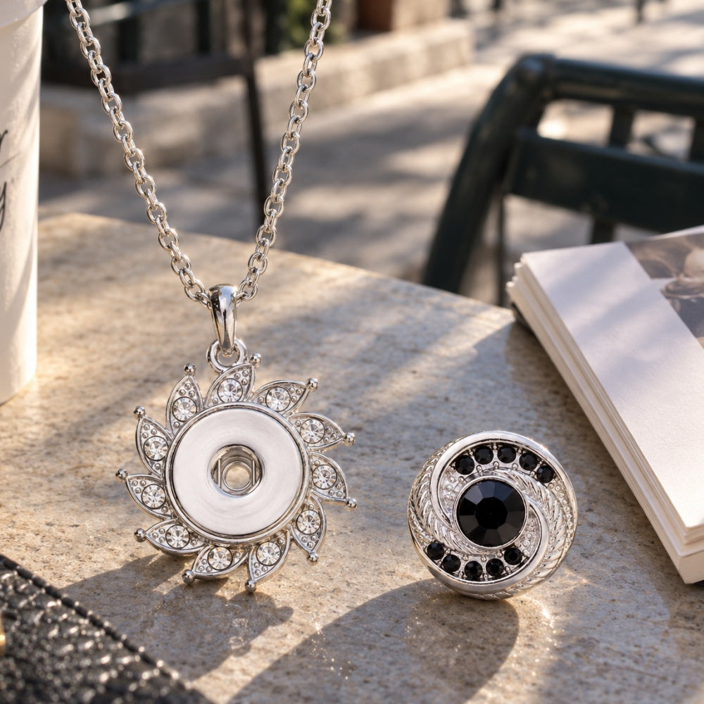 18mm Rhinestone Petal Snap Charm Necklace | Interchangeable Flower Pendant