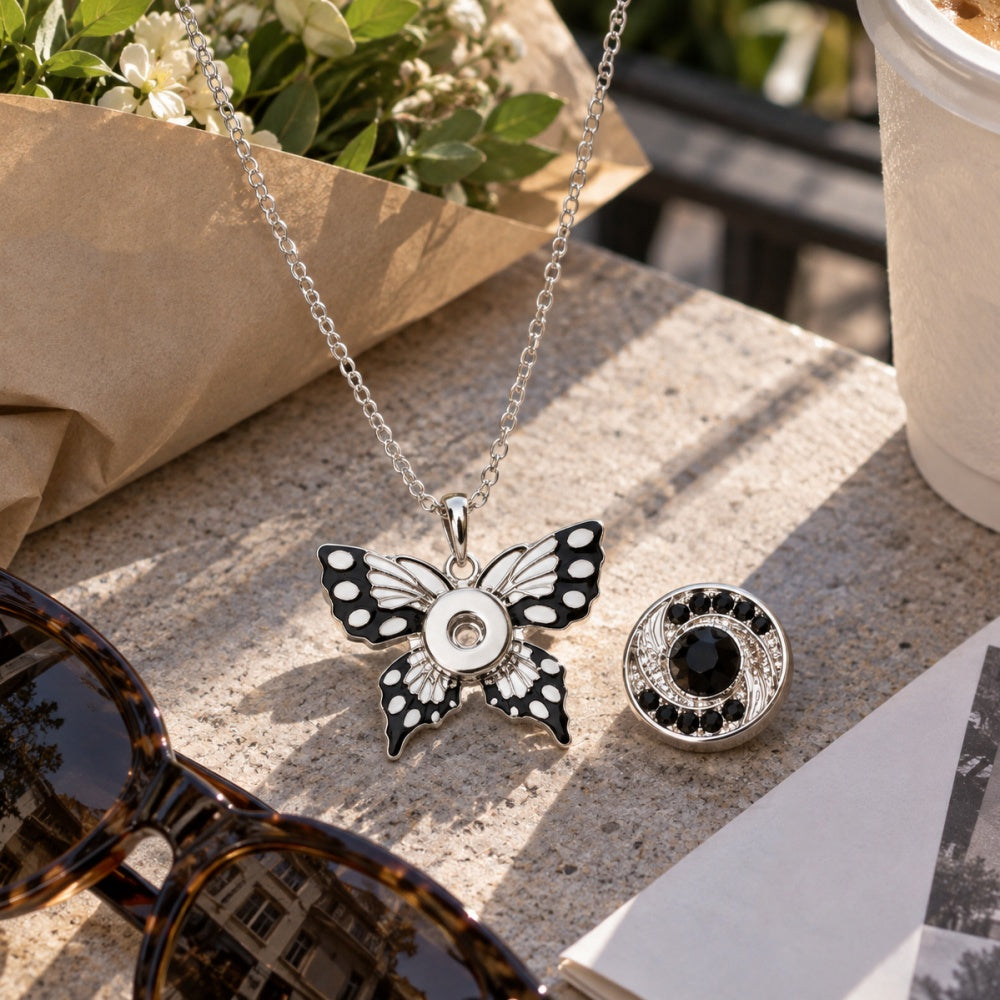18mm Black & White Butterfly Snap Charm Necklace | Interchangeable Pendant