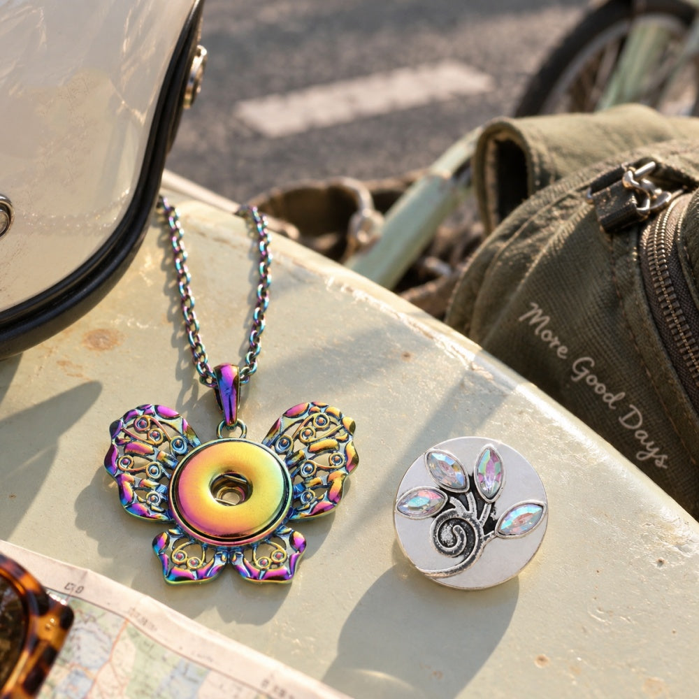 18mm Iridescent Butterfly Snap Charm | Vintage Filigree Interchangeable Necklace