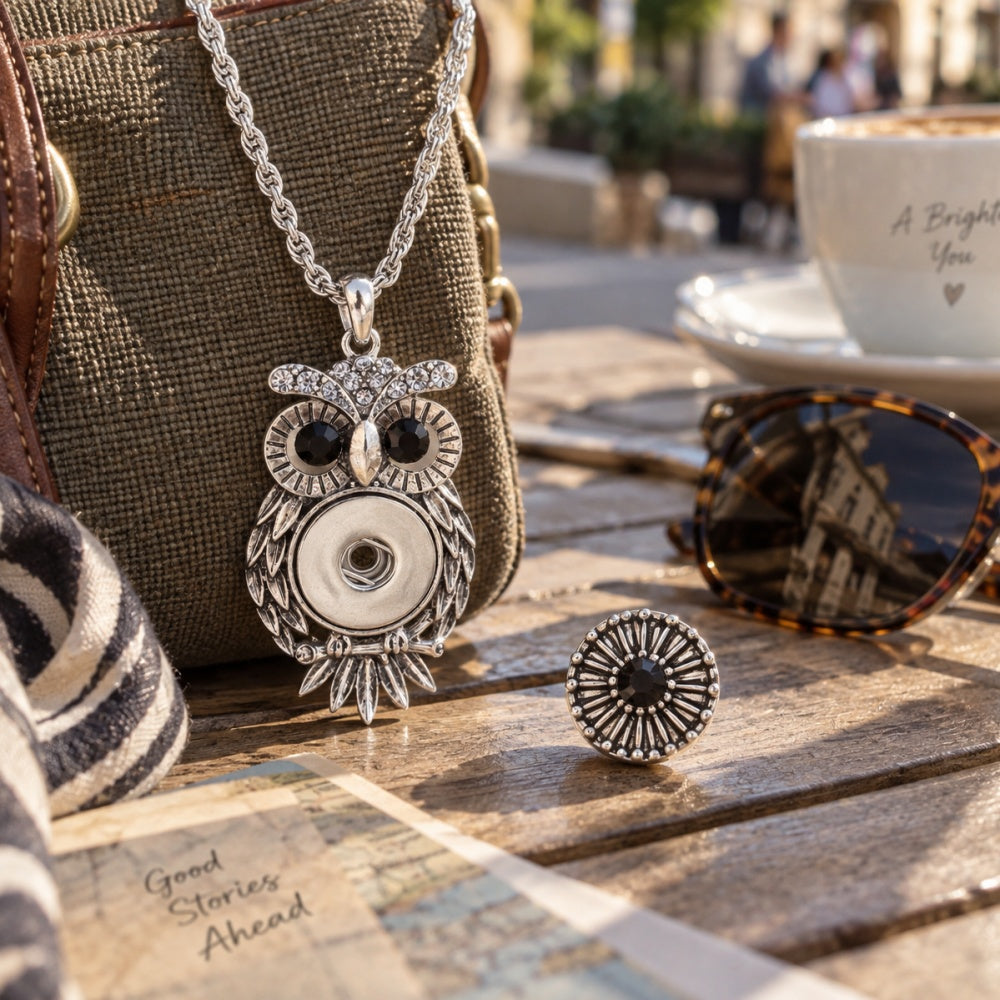 18mm Vintage Owl Snap Charm | Black-Eyed Rhinestone Pendant