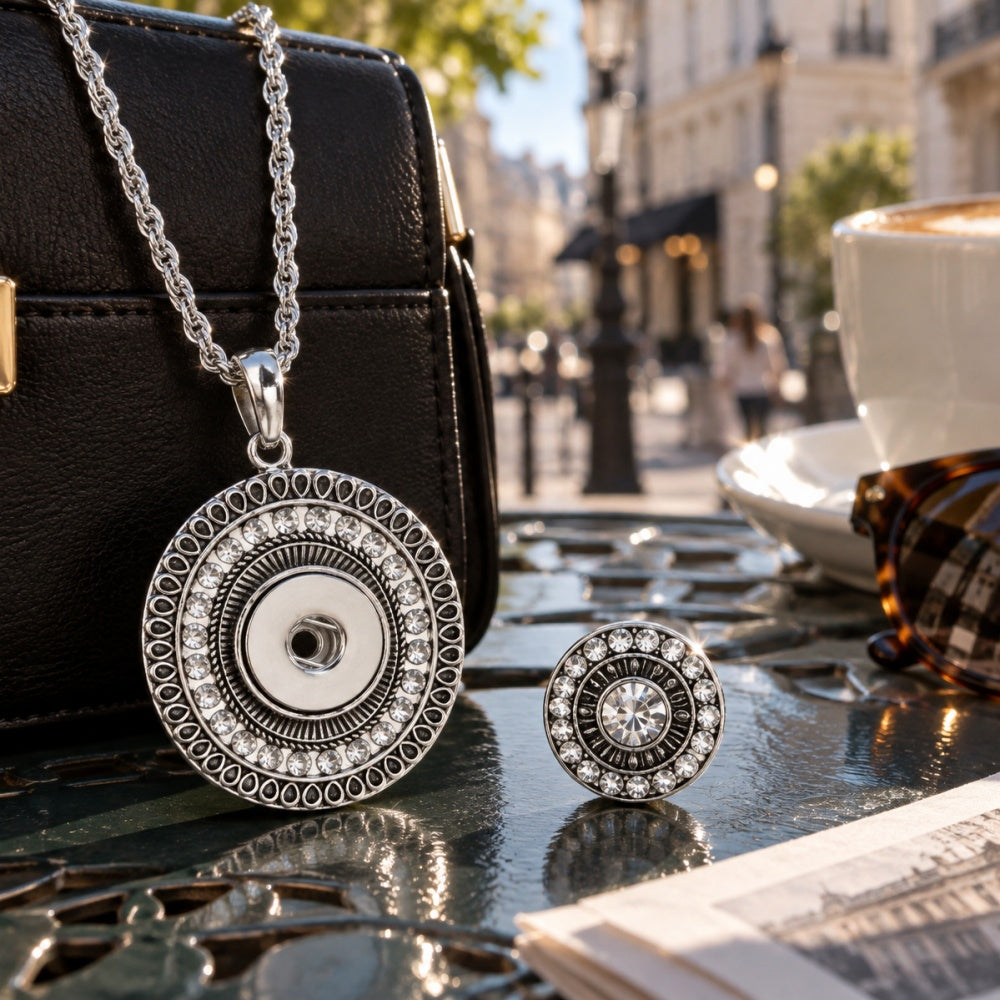 18mm Oval Rhinestone Interchangeable Snap Charm Necklace