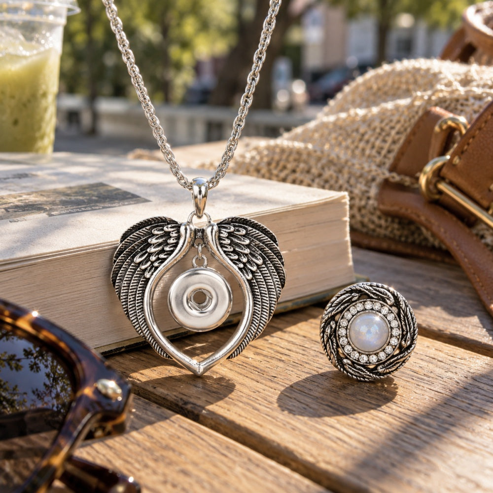 18mm Winged Heart Interchangeable Snap Charm Necklace