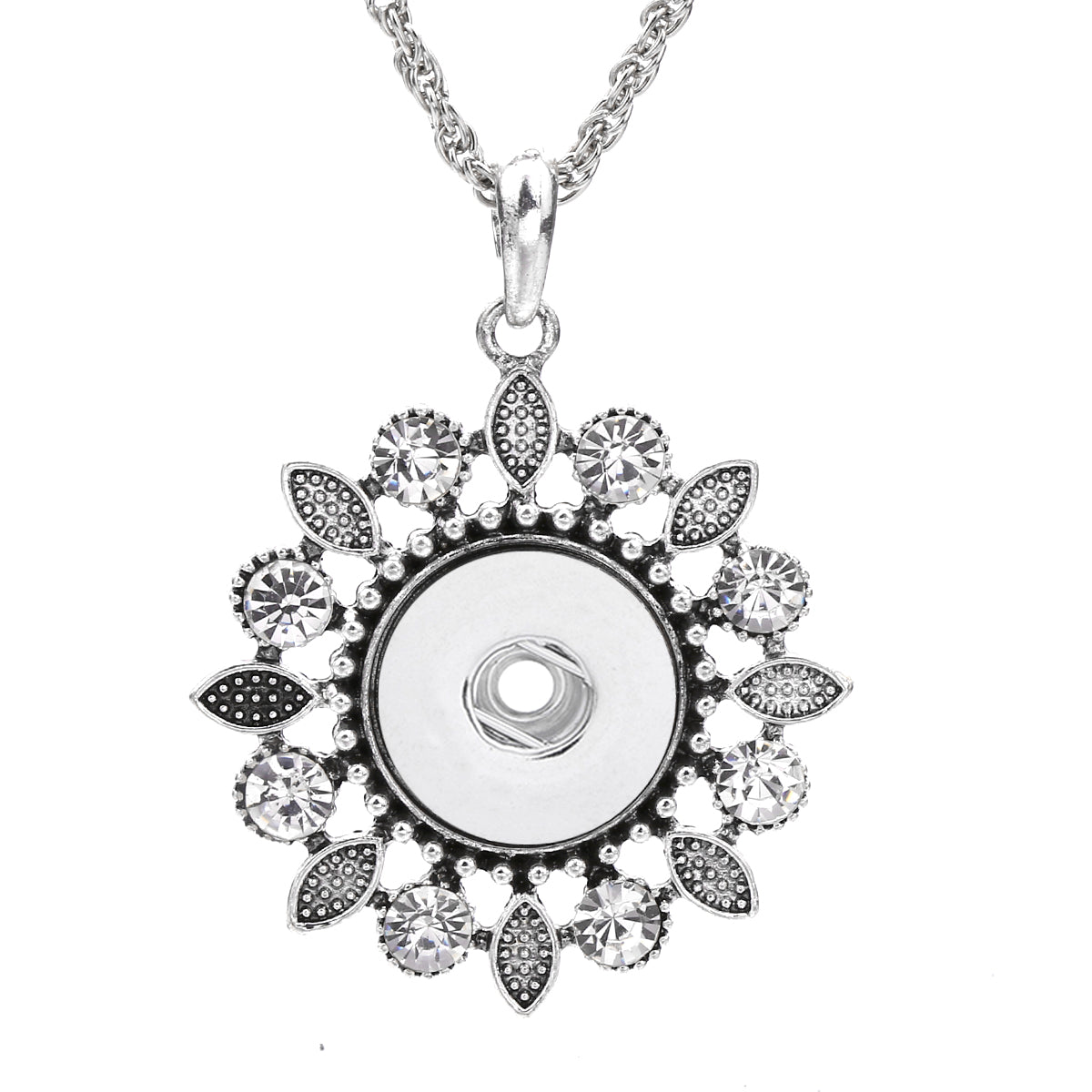 18mm Floral Leaf Rhinestone Interchangeable Snap Charm Necklace
