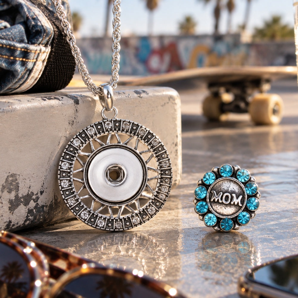 18mm Round Openwork Rhinestone Snap Button Charm Necklace
