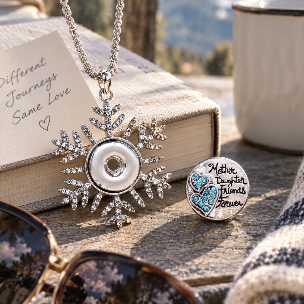 18mm Snowflake Rhinestone Snap Button Charm Necklace