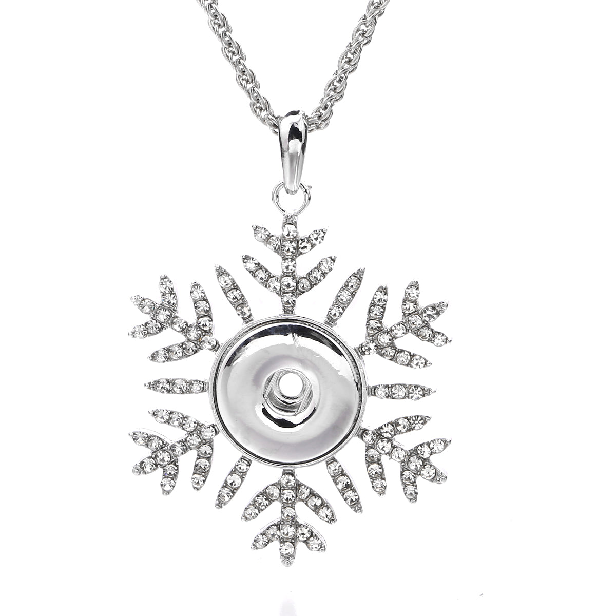 18mm Snowflake Rhinestone Snap Button Charm Necklace