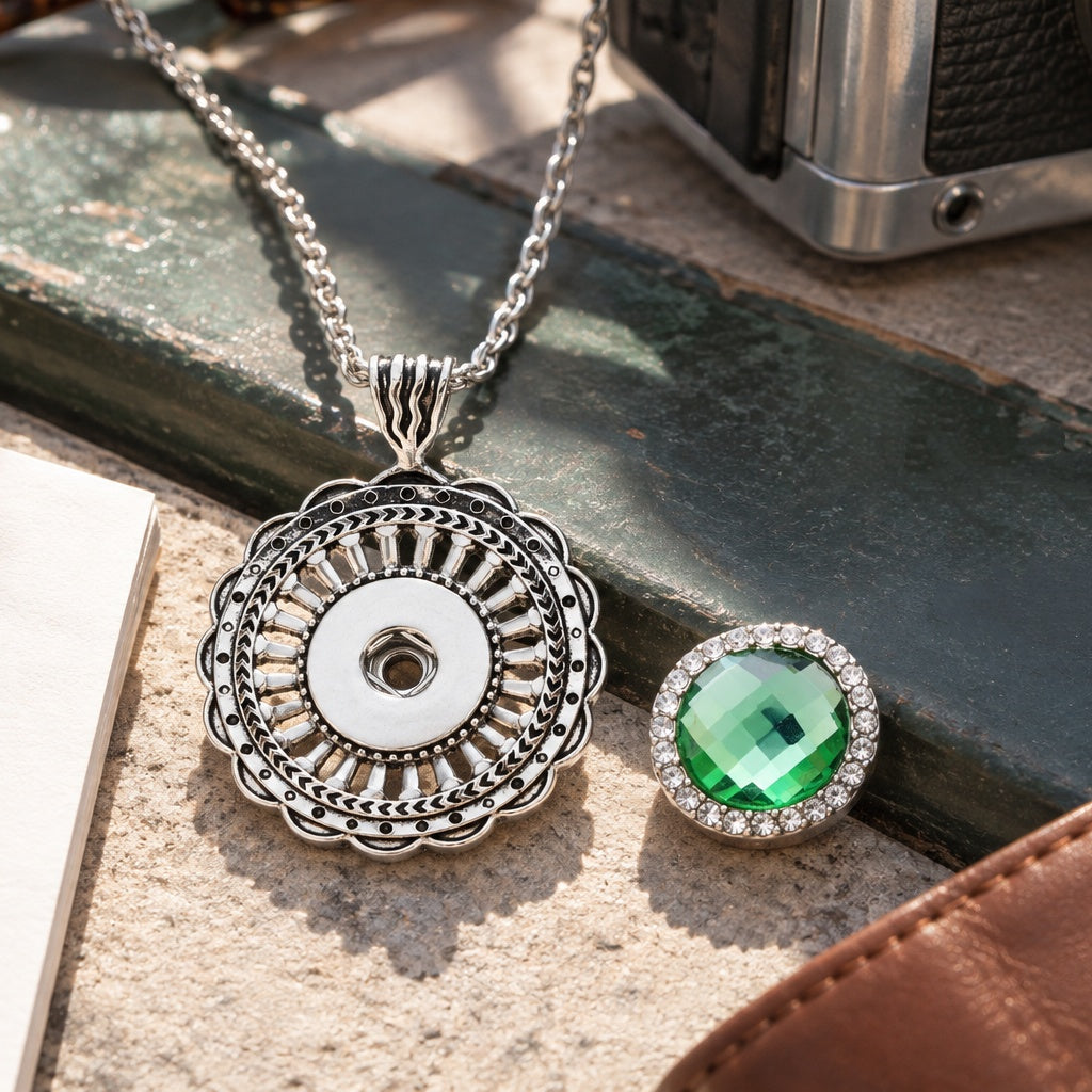 18mm Vintage Floral Embossed Interchangeable Snap Charm Necklace