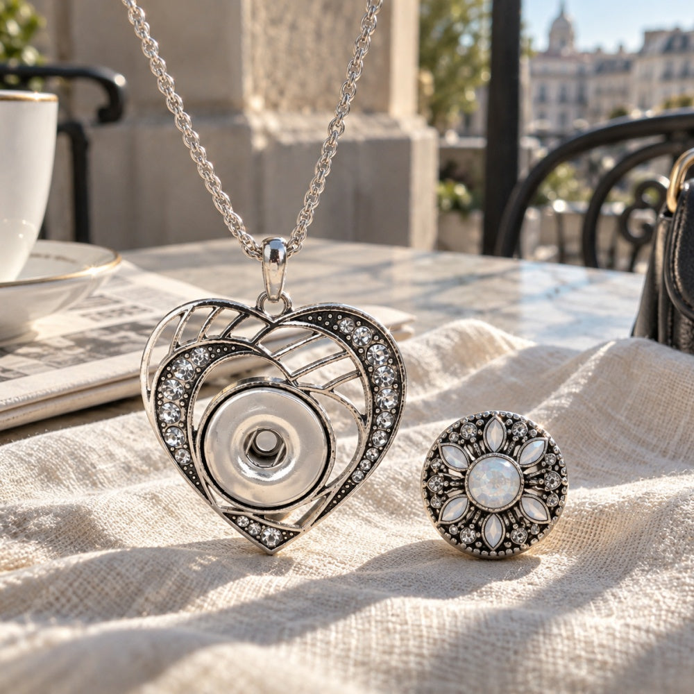 18mm Heart Rhinestone Snap Charm Necklace | Interchangeable DIY Jewelry