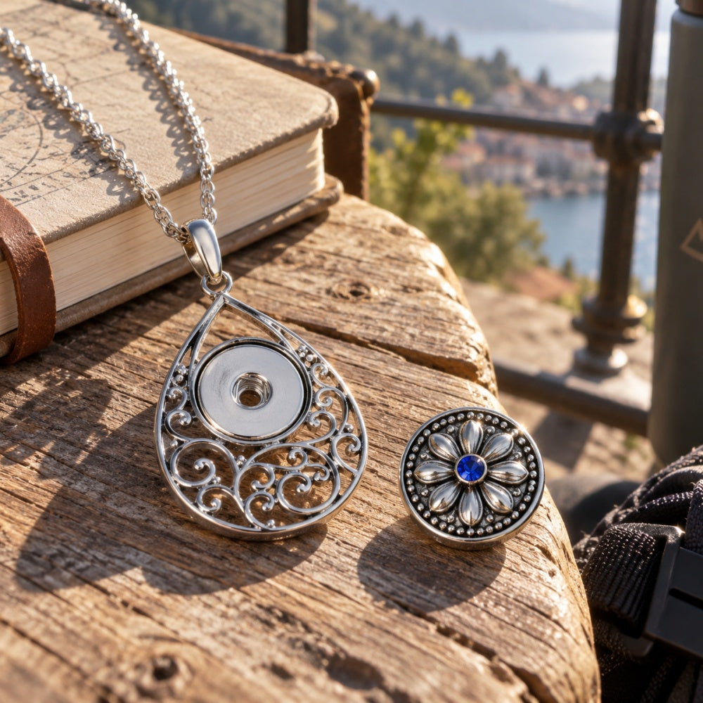 18mm Teardrop Scrollwork Snap Charm Necklace | Interchangeable Jewelry