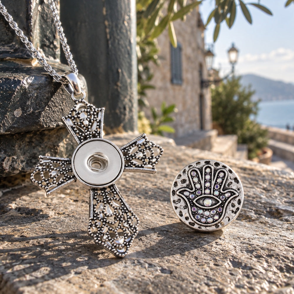 18mm Filigree Cross Snap Charm Necklace | Interchangeable Jewelry