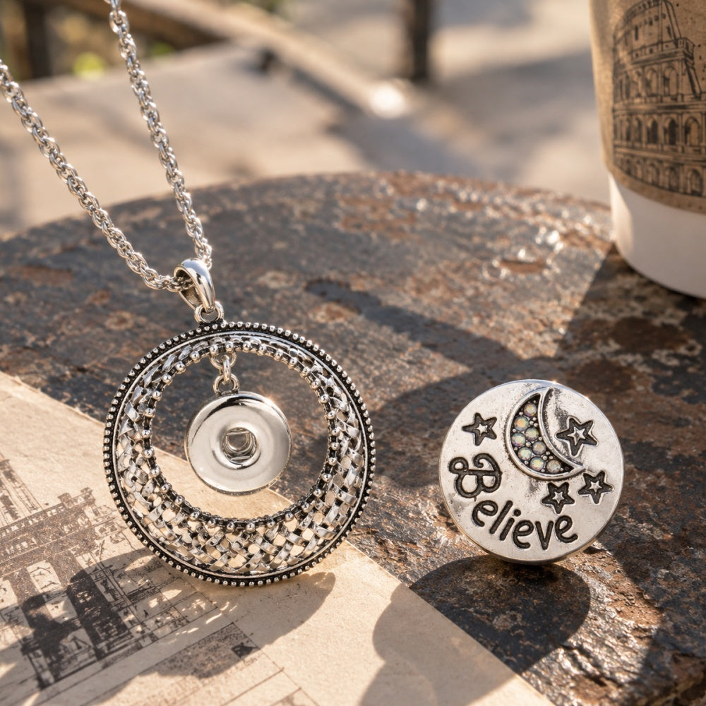 18mm Woven Circle Snap Charm | Interchangeable Rhinestone Necklace Charm