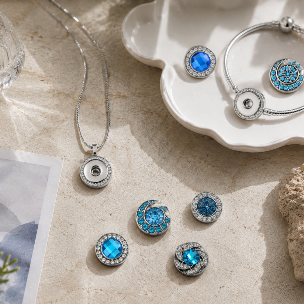 18mm Blue Rhinestone Interchangeable Snap Charm | Snap Jewelry