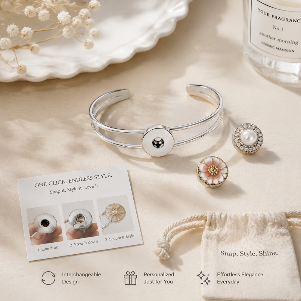 Minimalist Silver Snap Cuff Bracelet | Interchangeable Charm Jewelry