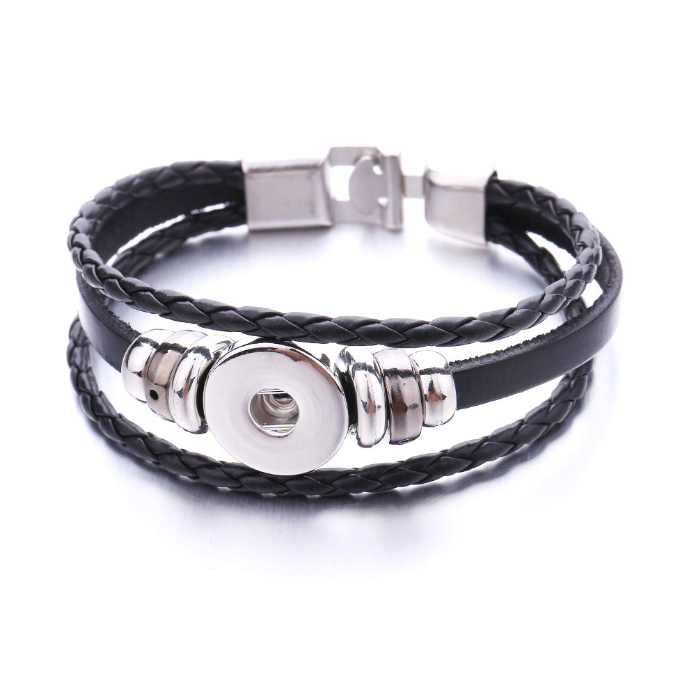 Interchangeable Snap Black Braided Leather Bracelet