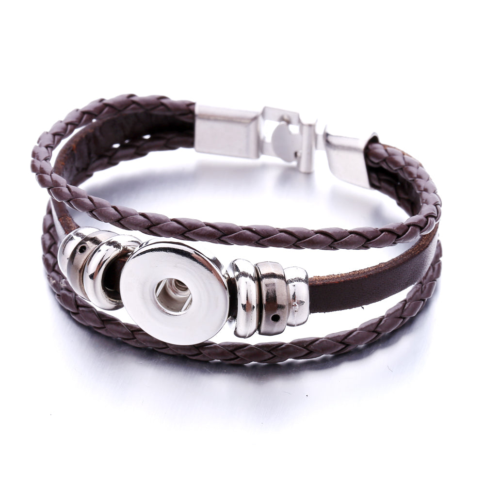 Interchangeable Snap Black Braided Leather Bracelet