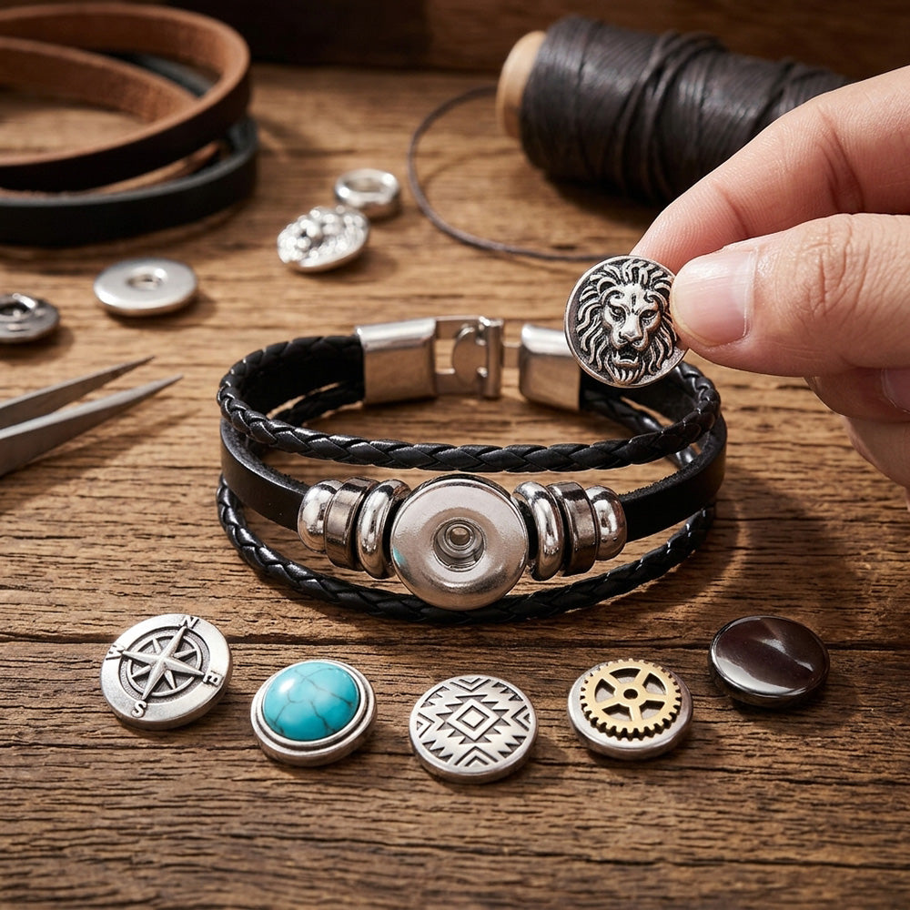 Interchangeable Snap Black Braided Leather Bracelet