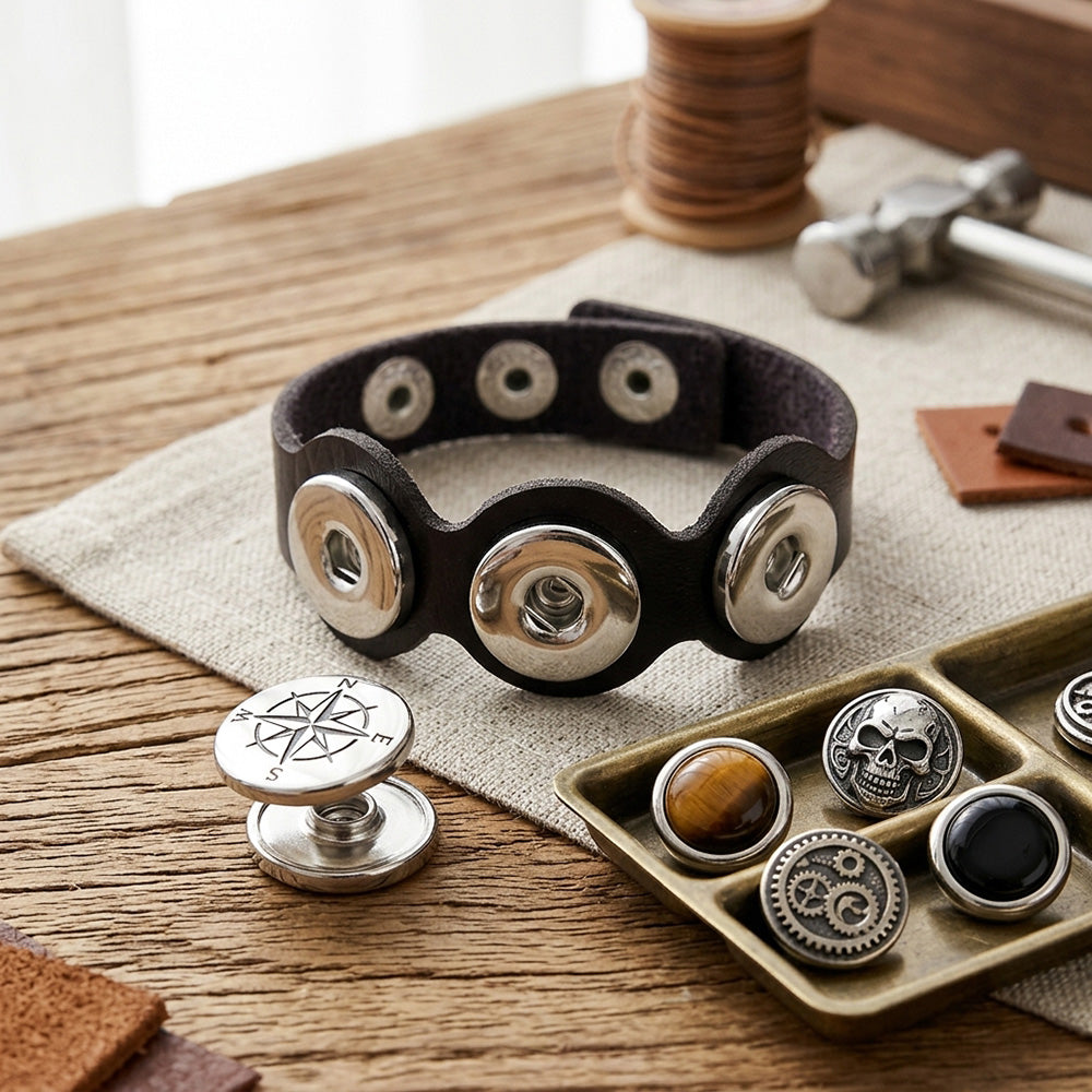 Rugged Hand‑Craft Leather Snap Bracelet | Triple Charm Wrist Cuff