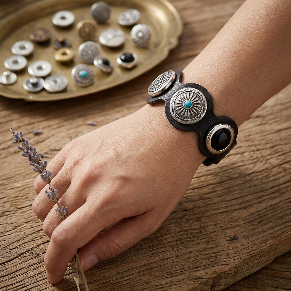 Rugged Hand‑Craft Leather Snap Bracelet | Triple Charm Wrist Cuff